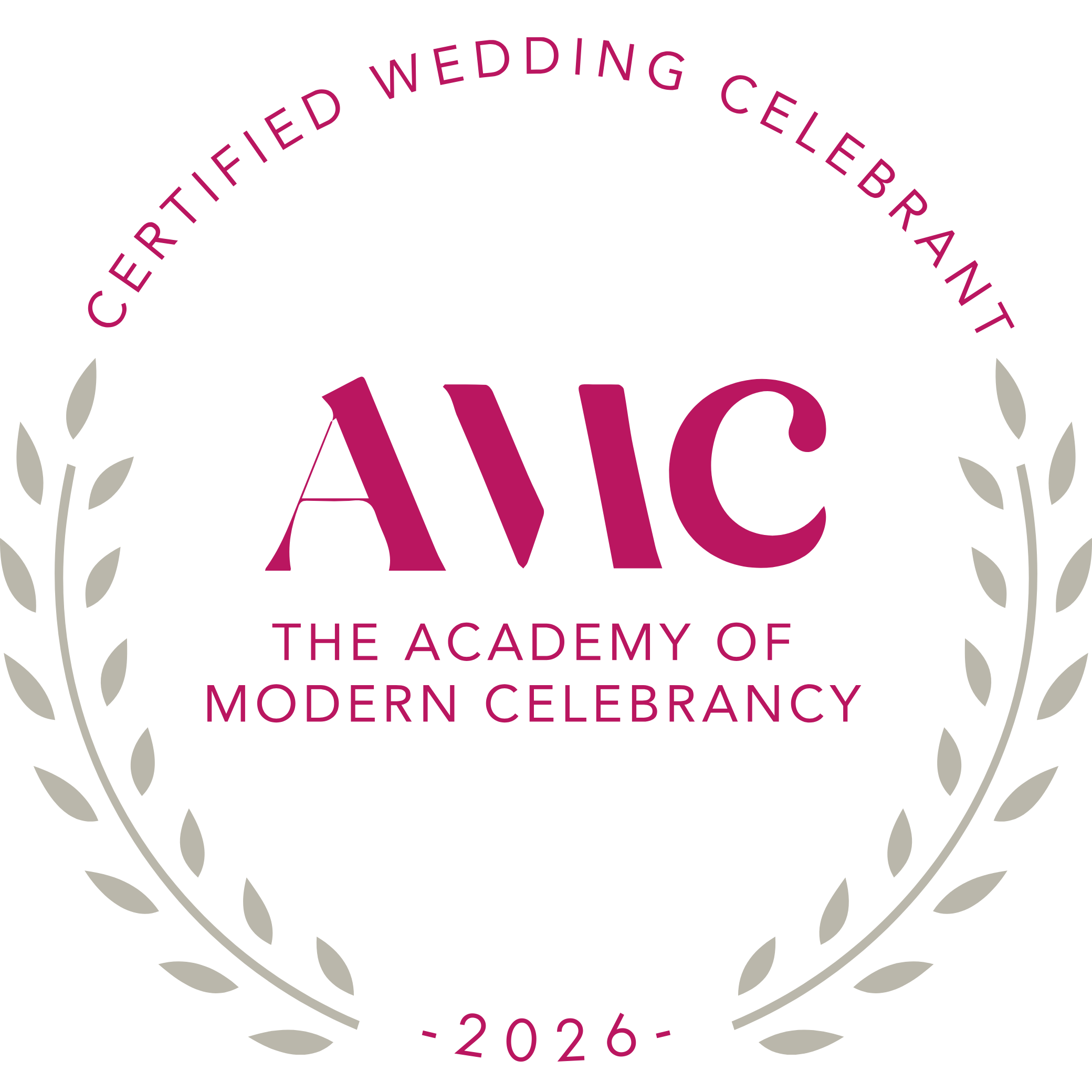 Circular emblem with gray laurel branches on a black background, pink text reads 'The Certified Wedding Cellar of Modern Celebrancy - 2026'.