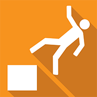 Icon of a person falling off a ledge, with a white block below on an orange background
