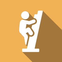 Silhouette of a person climbing a vertical rock wall with a tan background and shadow.