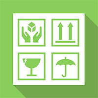 Four green safety icons on a white background: protective gloves or hands, arrows pointing up, a glass, and an umbrella.