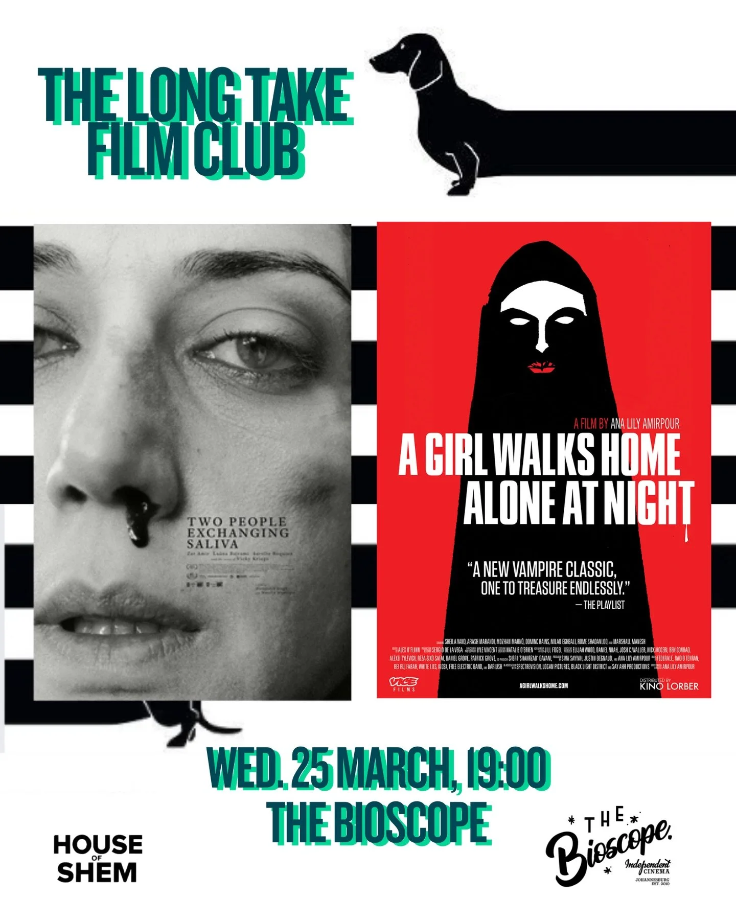 Two films about desire and rebellion. Both shot in black and white. Both unafraid.
Two People Exchanging Saliva (short): A kiss is punishable by death. Two women find each other anyway.
A Girl Walks Home Alone at Night: A vampire stalks the night str