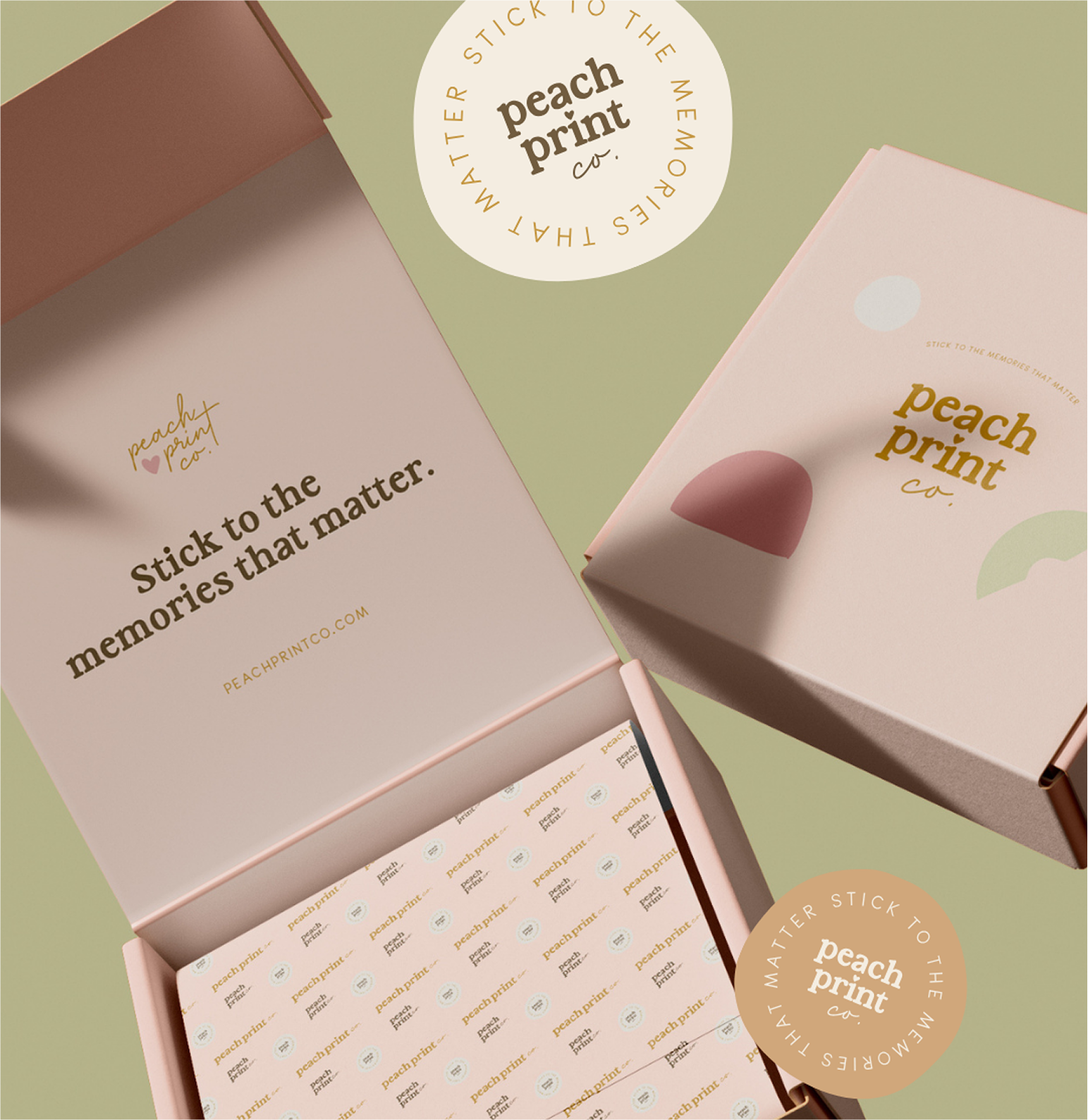 Packaging for Peach Print Co. with the slogan 'Stick to the memories that matter', featuring pastel-colored boxes and decorative patterns.