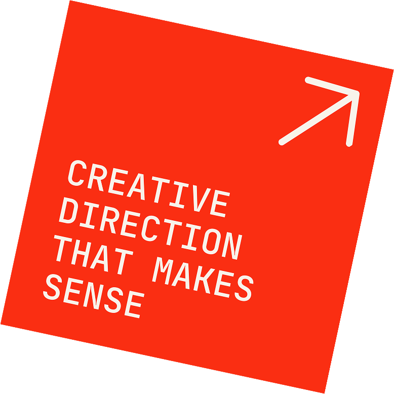 Red square with text "Creative direction that makes sense" and a white arrow pointing diagonally upward.