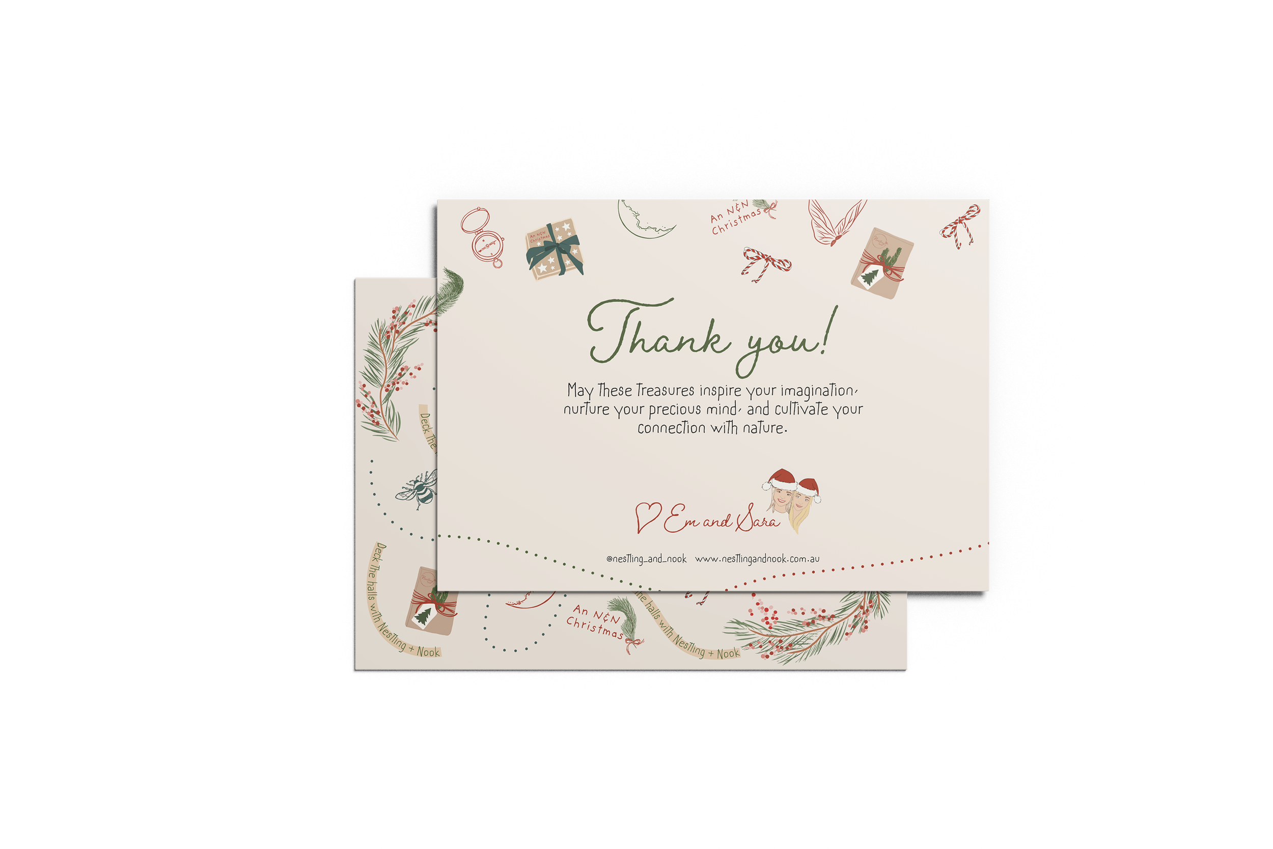 Two thank you cards featuring holiday-themed illustrations and messages of gratitude. The cards have decorative elements like pine branches, gifts, and holiday motifs. The text expresses wishes for inspiration and a connection with nature, signed by 
