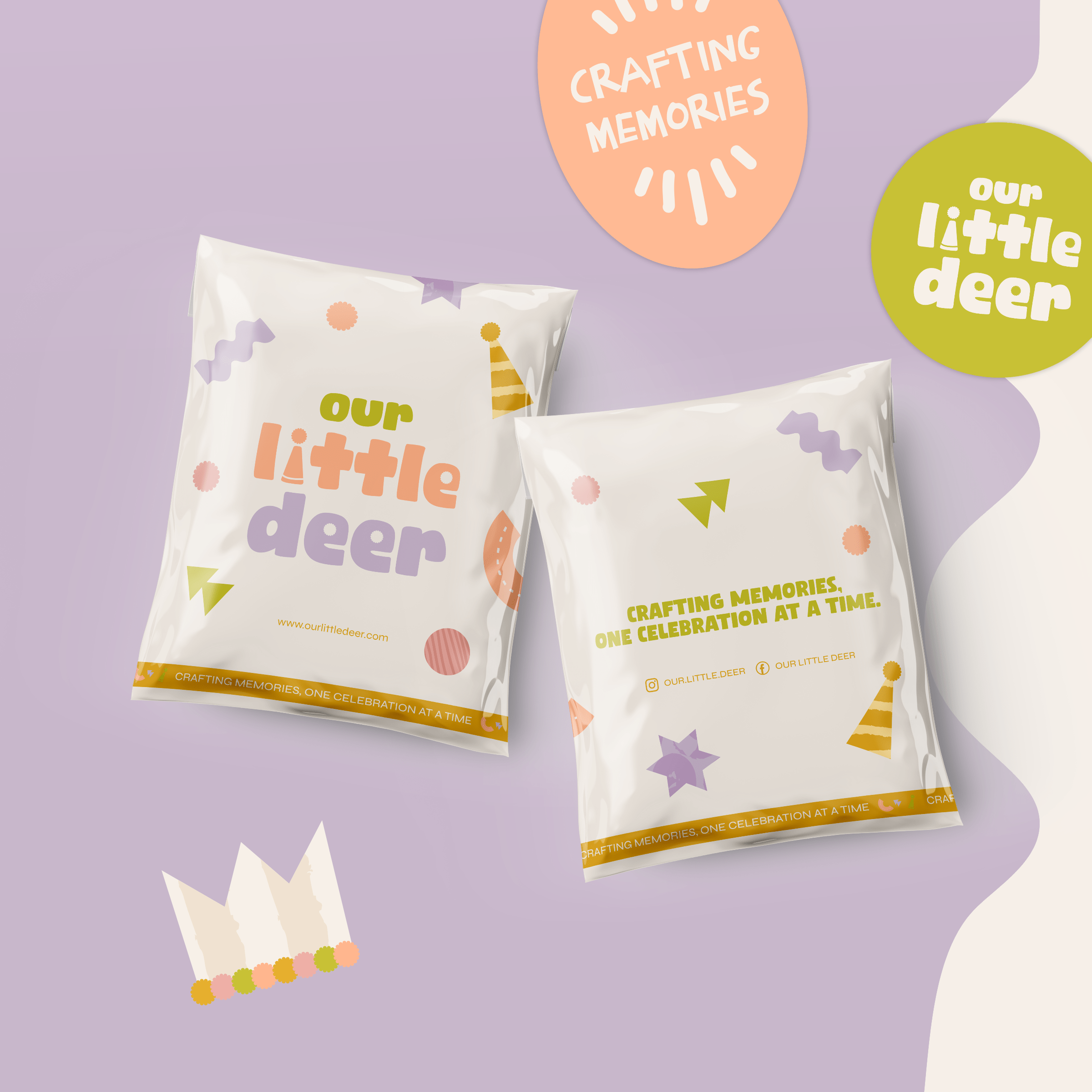 Two colorful packaging bags with "our little deer" and "Crafting Memories, One Celebration at a Time." Various party-themed graphics on a purple background.