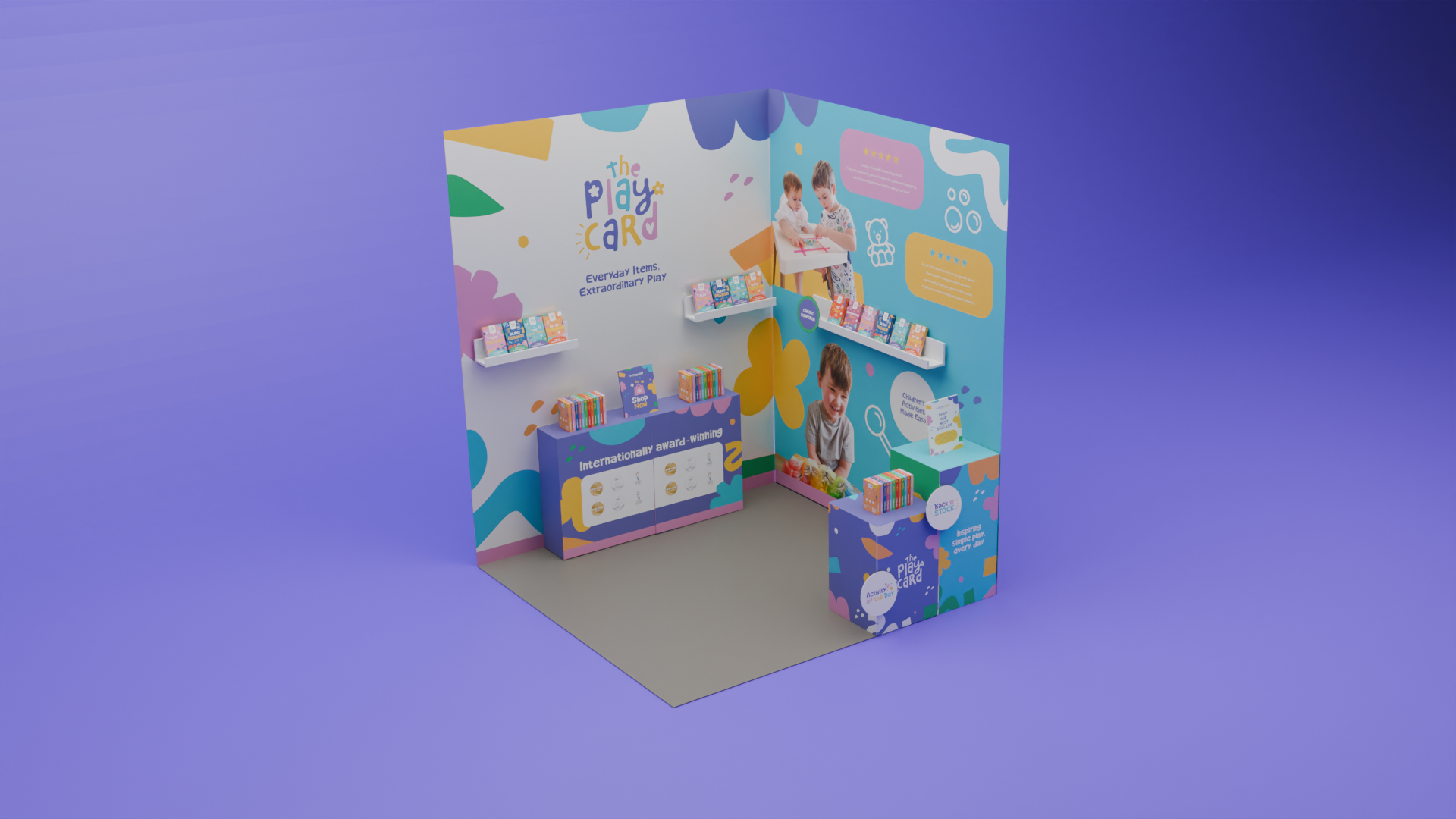 Colorful display booth for "The Play Card" featuring children's products with bright designs, promotional materials, and playful graphics.