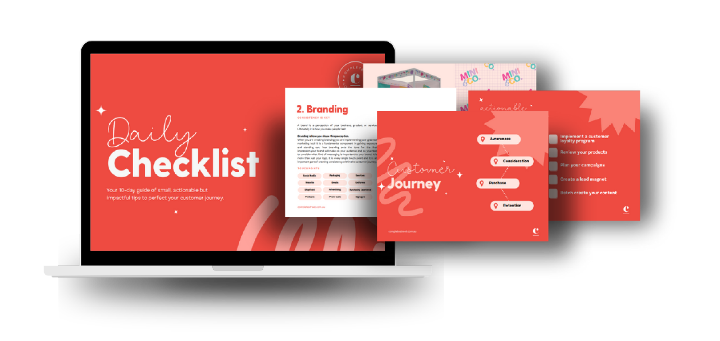 A digital display with a red-themed presentation, featuring a "Daily Checklist" and sections on "Branding" and "Customer Journey," illustrating steps from awareness to retention.