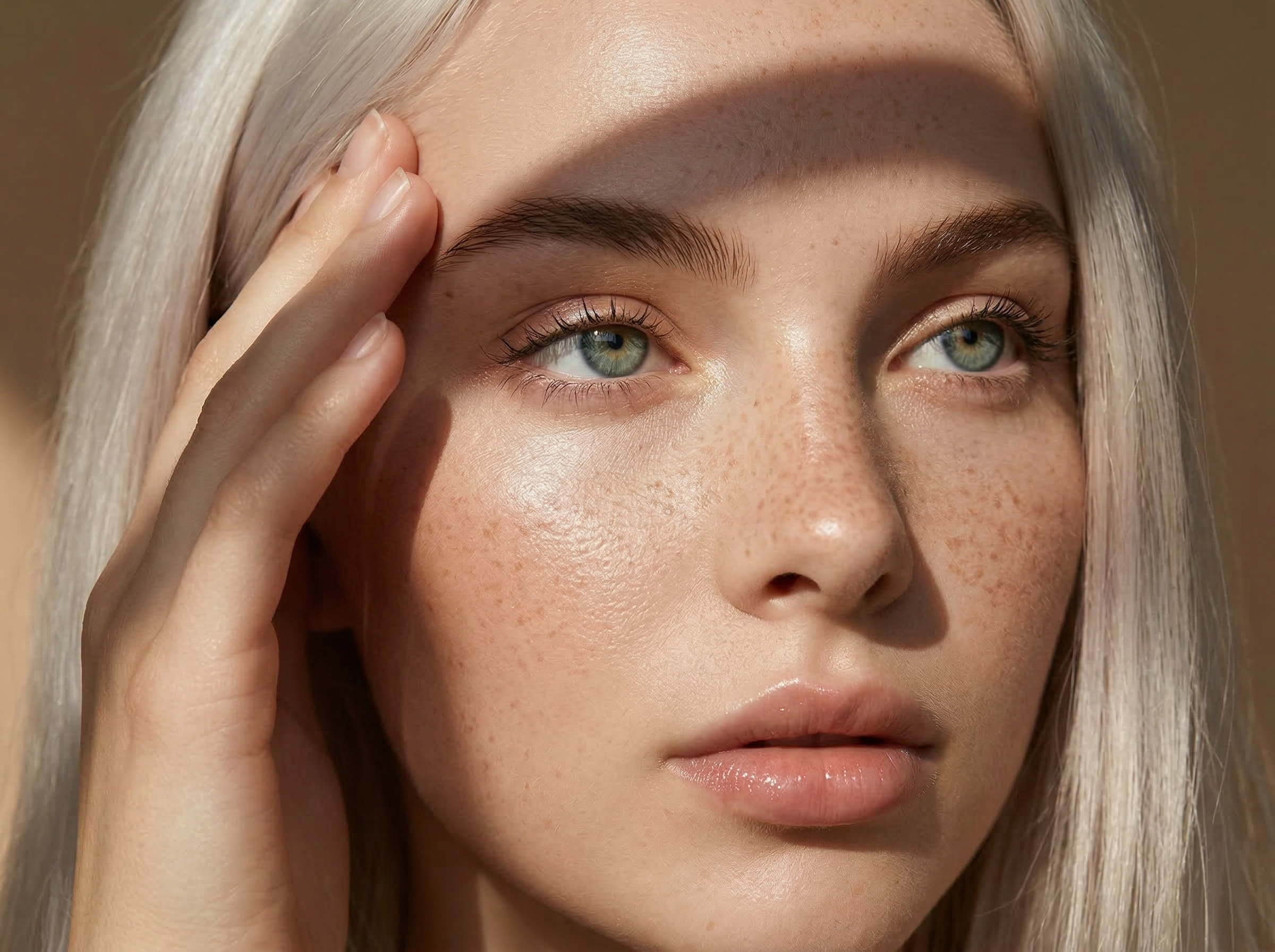 Close-up of a young woman with blonde hair and green eyes, gently touching her forehead with her hand, showcasing her clear skin and freckles.