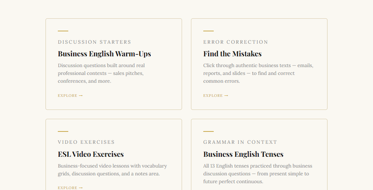 Preview of P. City English teaching materials — discussion starters, error correction, video exercises, grammar in context