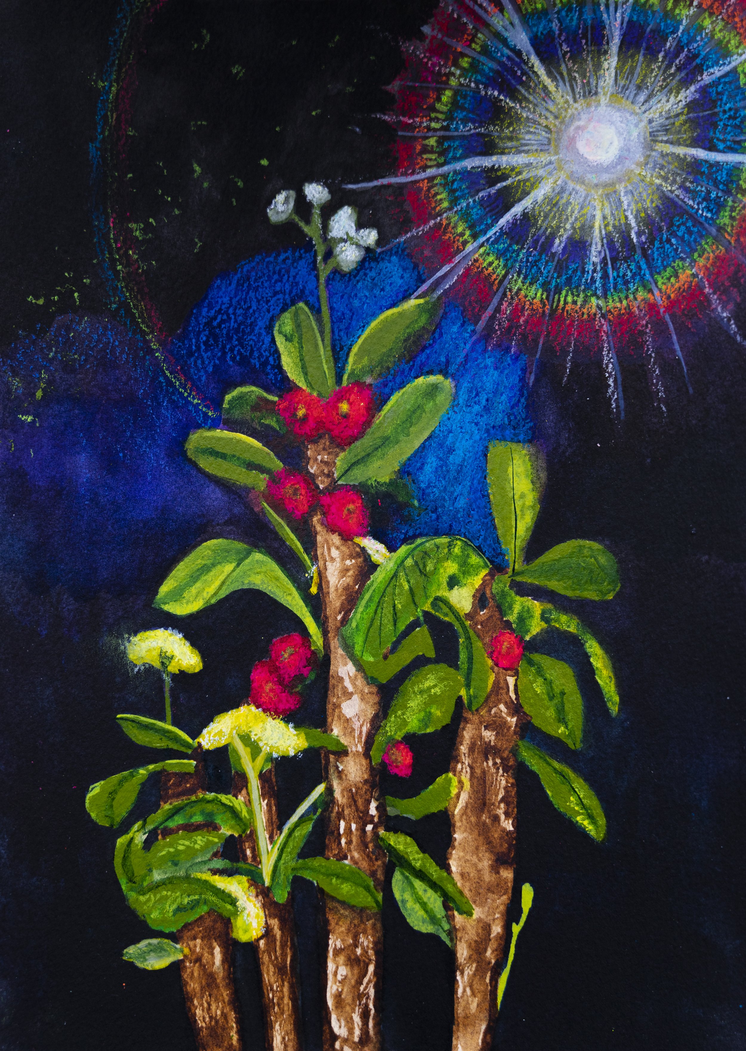 Colorful painting of a plant with green leaves, red berries, and white flowers against a dark background. A bright, radiant light with rainbow-colored rays shines in the top right corner.