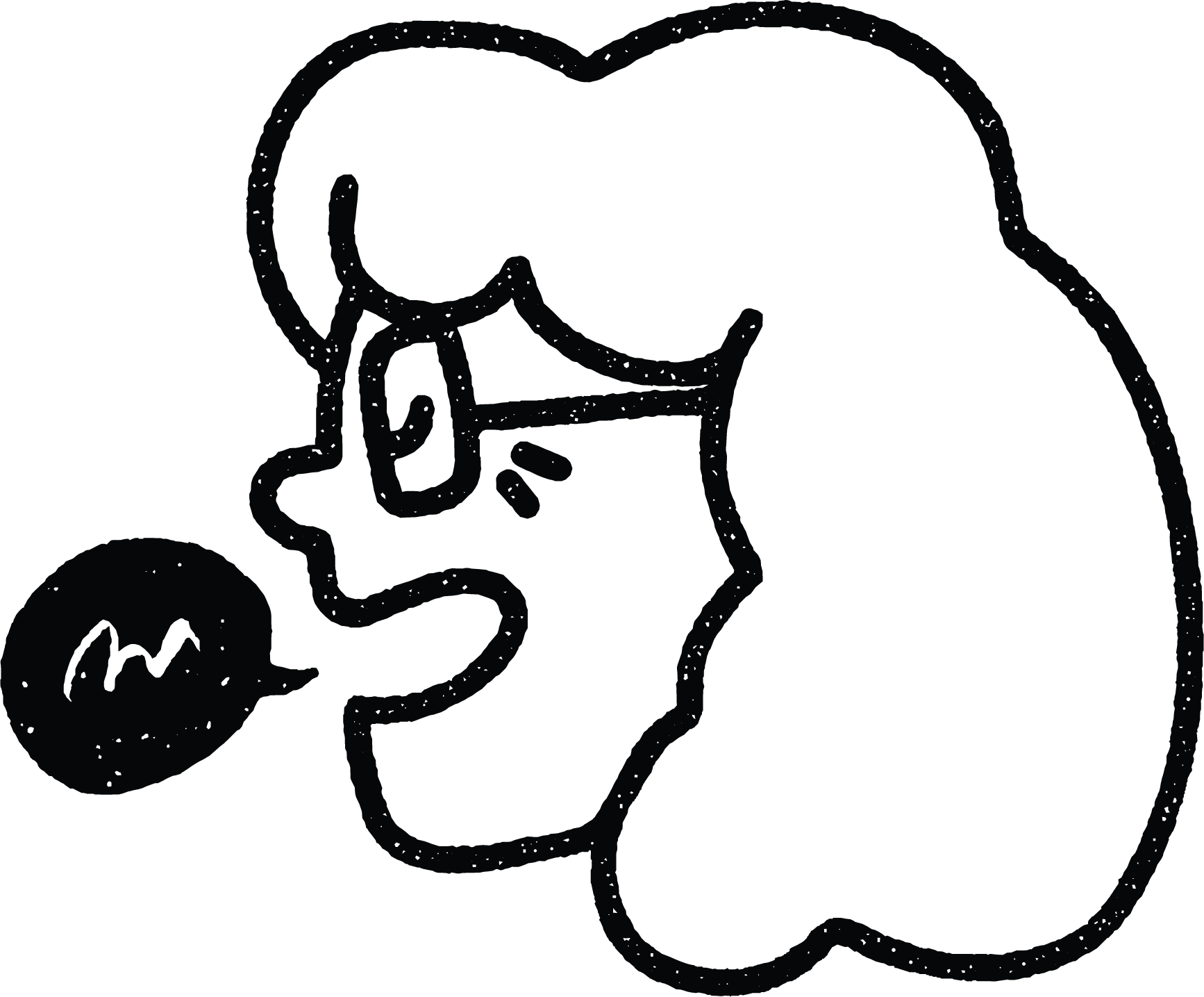 Black and white line drawing of a woman in profile with a speech bubble.