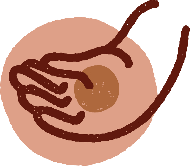 A stylized drawing of a cupped hand on a beige circular background.