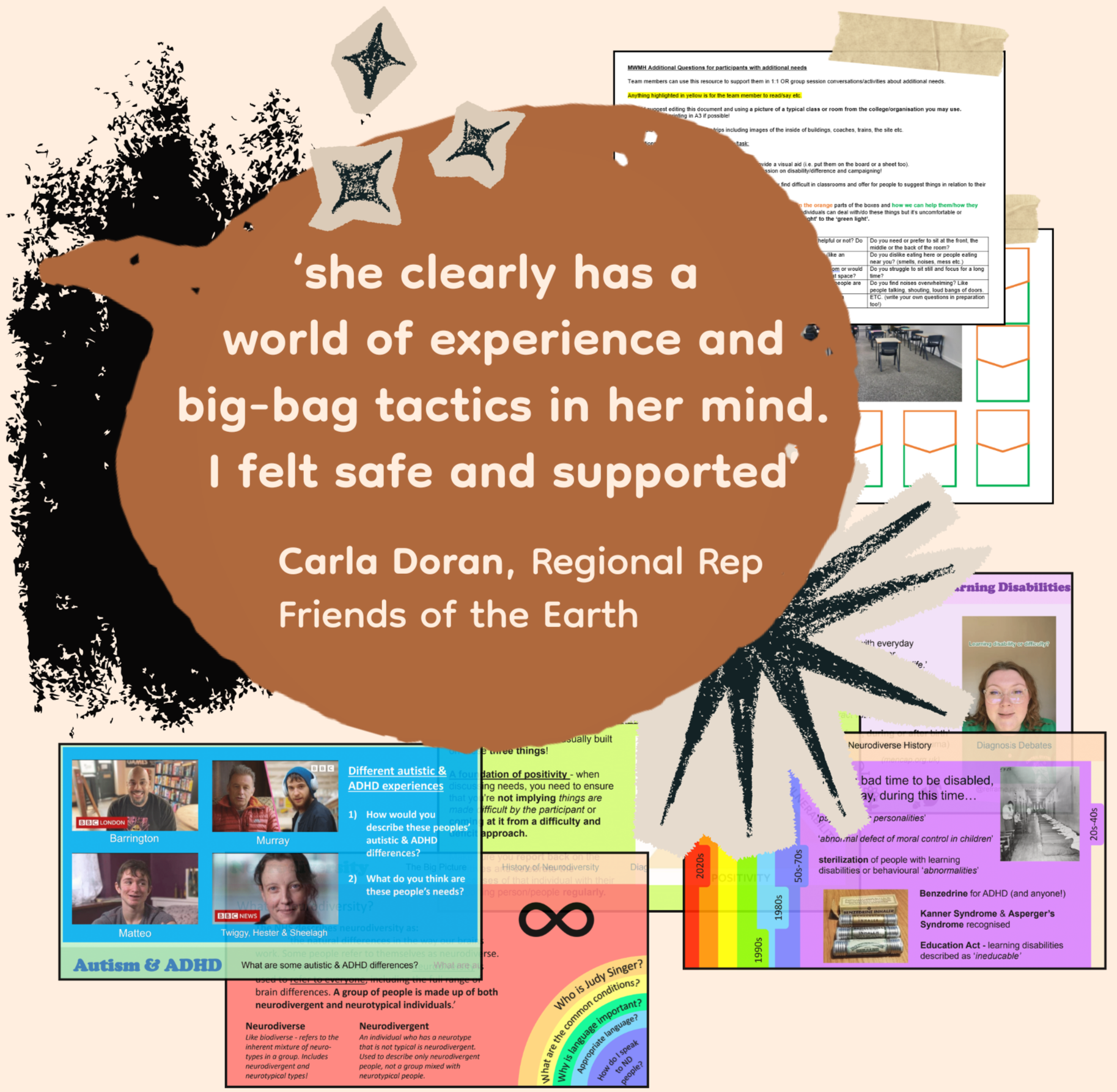 A collage of various educational posters and graphical information related to autism, ADHD, neurodiversity, and learning disabilities. Prominent text includes quotes about understanding and supporting neurodiverse individuals, along with colorful charts, diagrams, and photos of people discussing these topics.