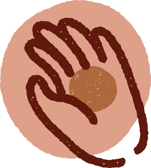 A line drawing of an open hand over a blush pink background.