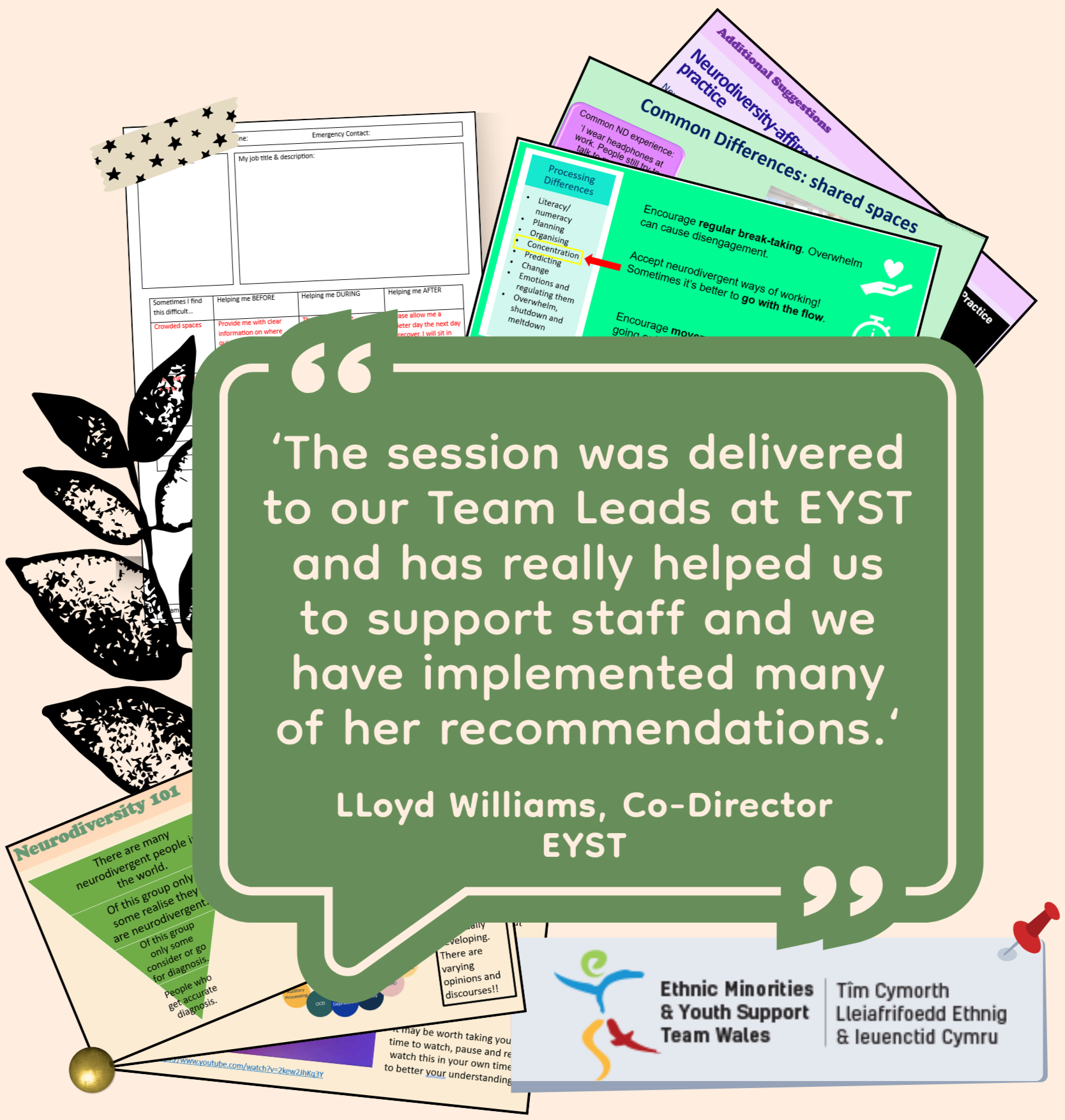 Collection of printed educational materials and notes about neurodiversity, shared spaces, and support for ethnic minorities and youth, with a large quote from Lloyd Williams and a logo for EYST.
