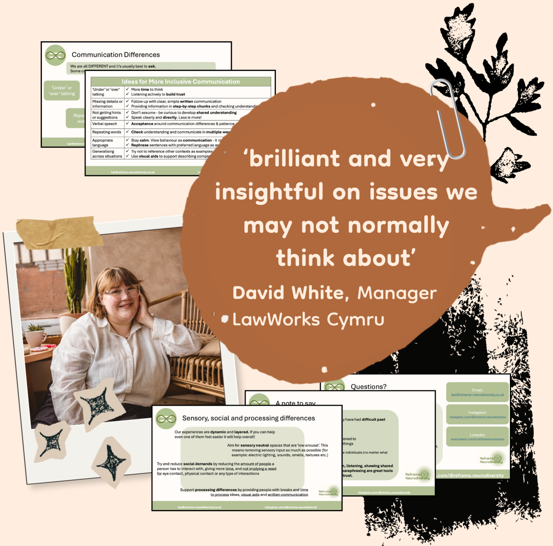 Multiple infographic documents discussing communication differences, layered behind a large brown splash with white text that reads 'brilliant and very insightful on issues we may not normally think about'. There is a woman smiling and sitting in a room with a large cactus plant and a painting in the background, along with star-shaped confetti scattered around.