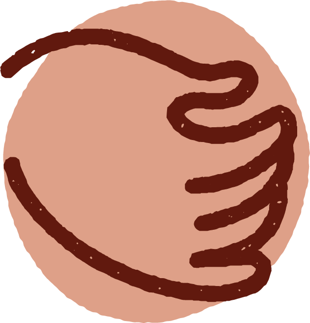 Illustration of a hand with a stylized, curved line pattern on a beige circular background.