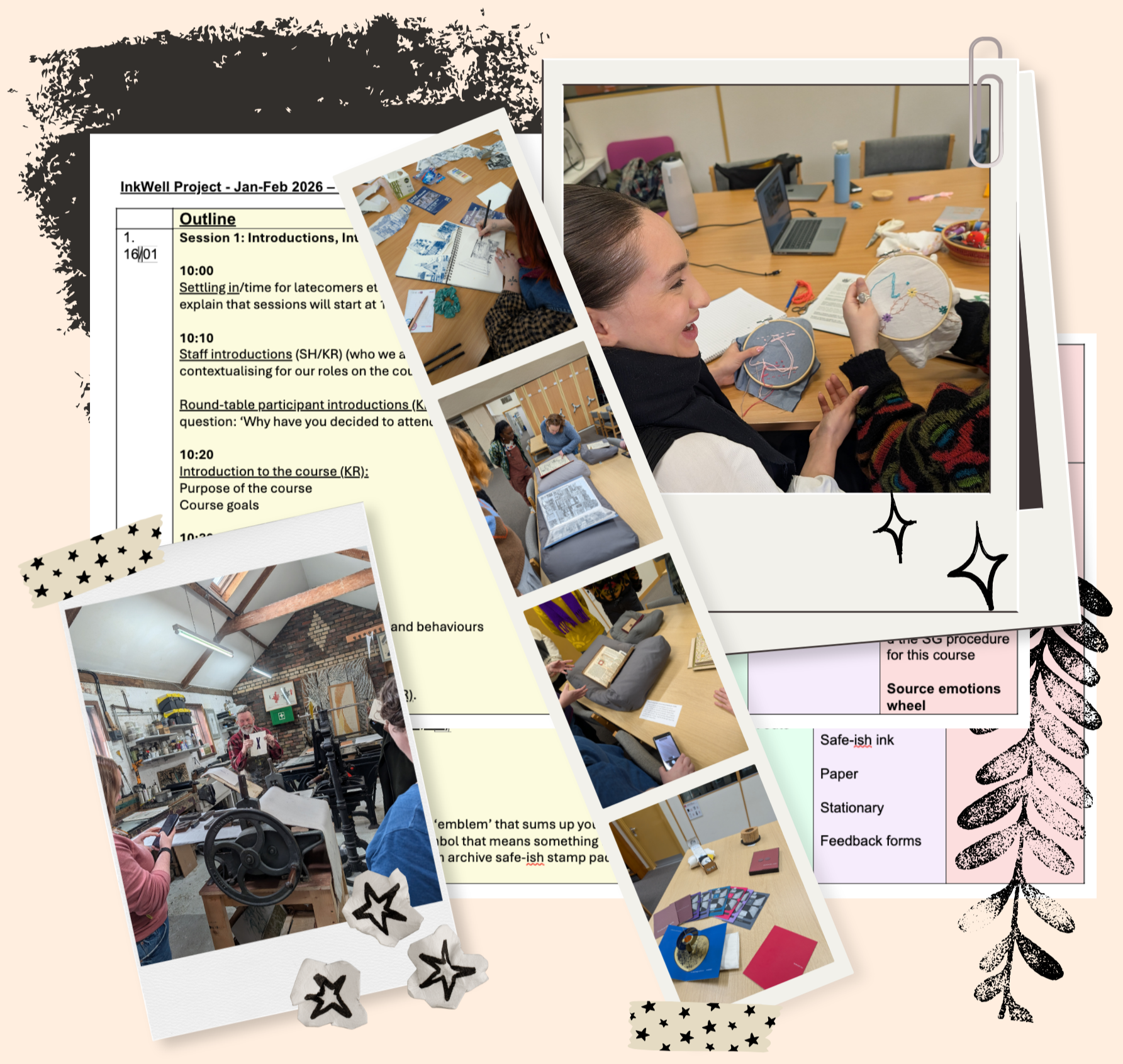 Collage of photos showing people engaged in activities like embroidery, using laptops, reading, and working at a workshop or classroom setting, with printed schedules and materials visible.