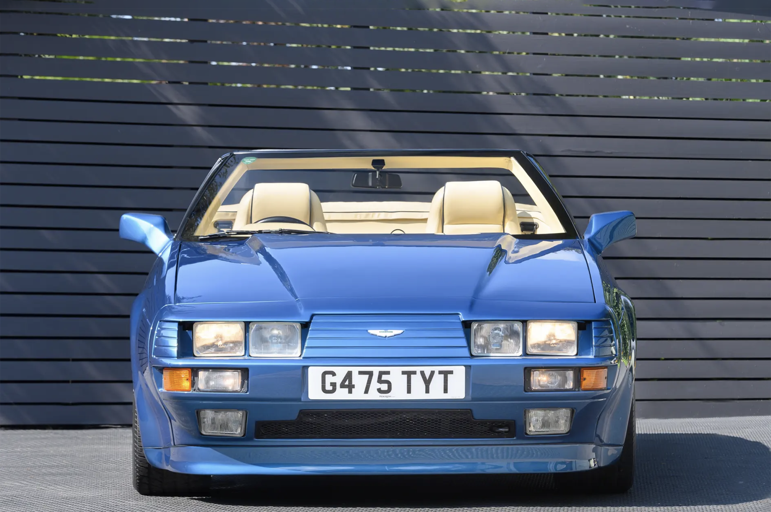 The 1988 Aston Martin V8 Zagato Volante, showing its distinctive closed grille, concealed headlamps and compact, confident stance.