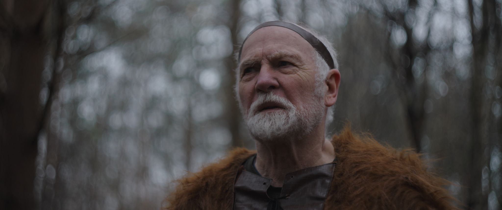 An elderly viking man with white hair and beard wearing a fur coat stands outdoors in a wooded area with blurred trees in the background.