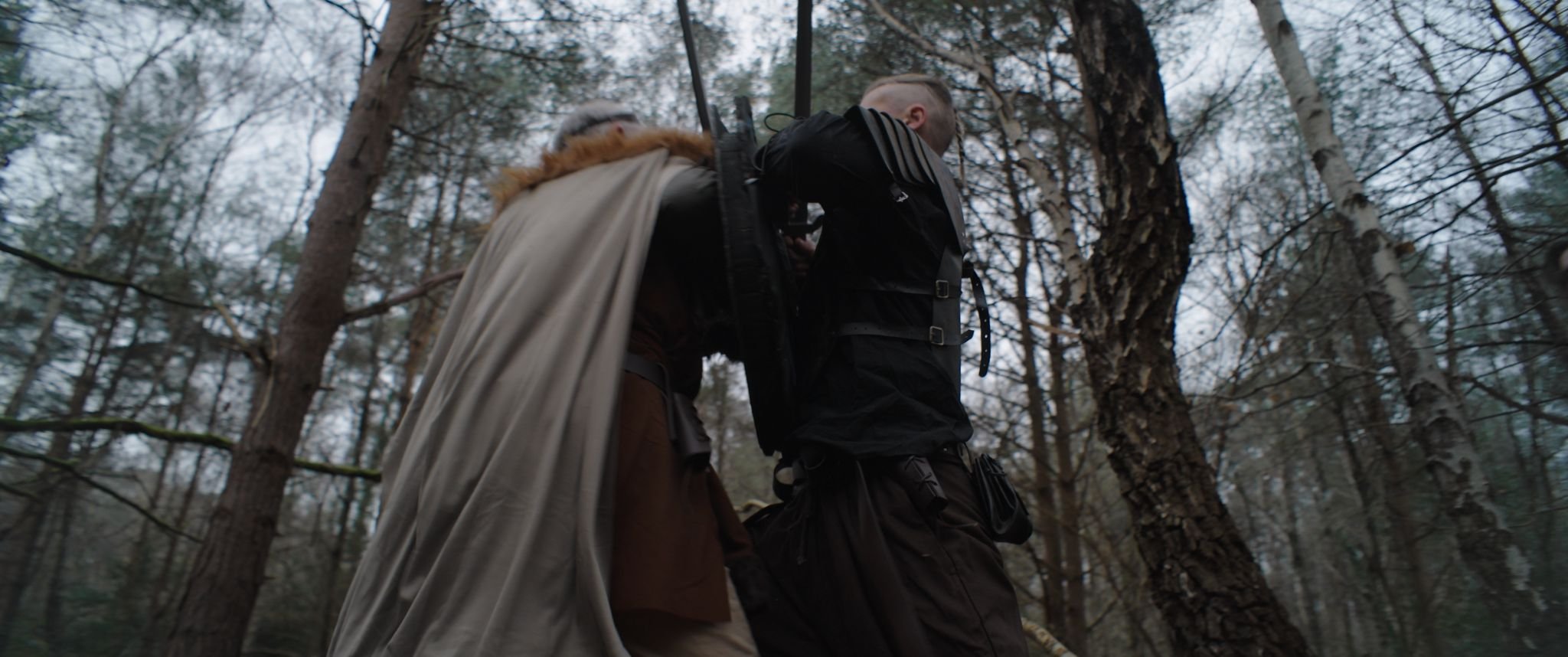 Two viking men locked in combat in a forest, seen from low angle, surrounded by tall trees with bare branches, overcast sky.