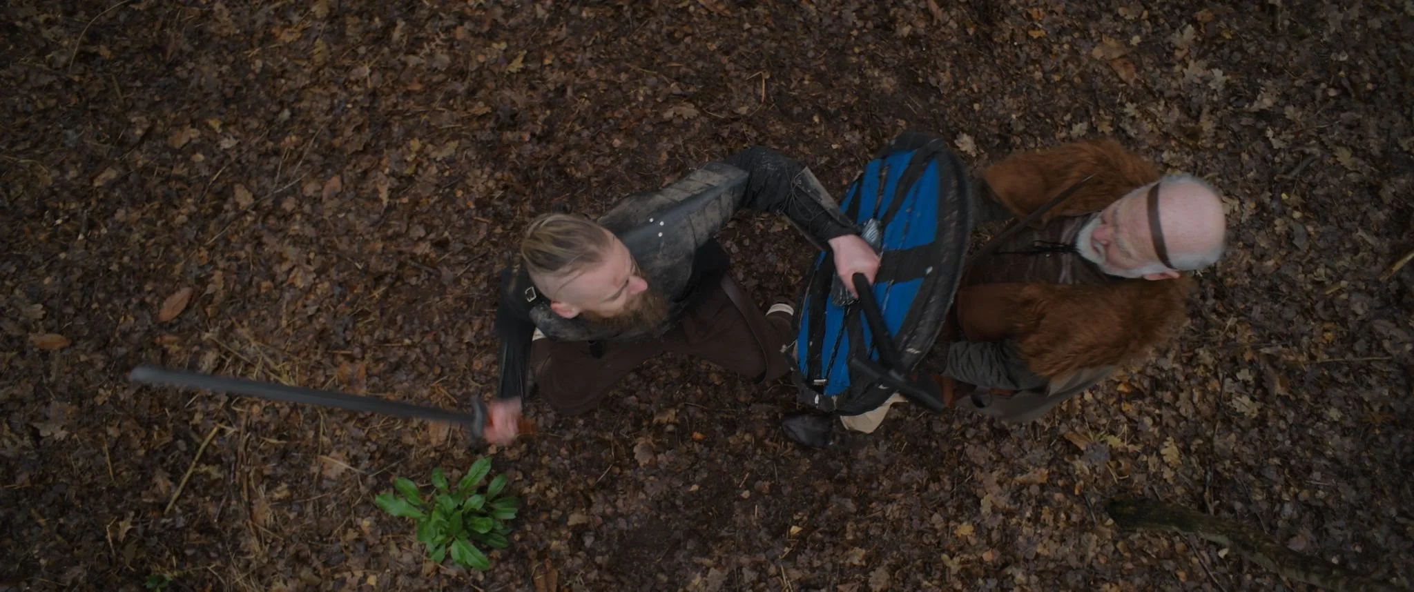 Two viking men fighting on a forest floor covered in leaves, one man with a beard and long hair, holding a sword, the other bald with a shield, both wearing armour.