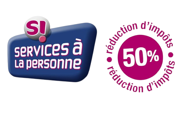 Une affiche promotionnelle en français avec des textes en couleurs, logo des services à la personne qui offre une réduction d'impôts de 50%.