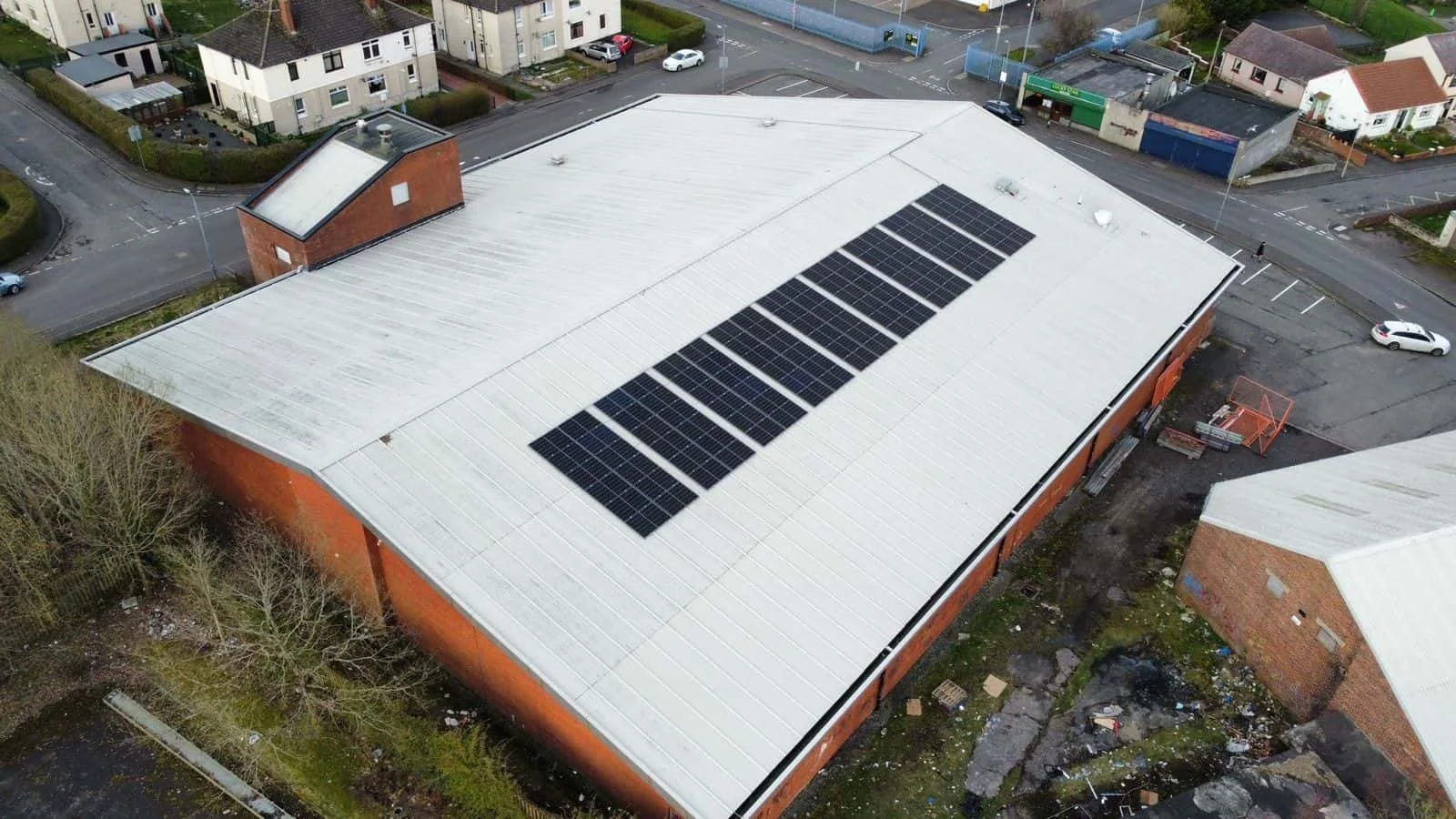 Arial image of a commercial solar array installation
