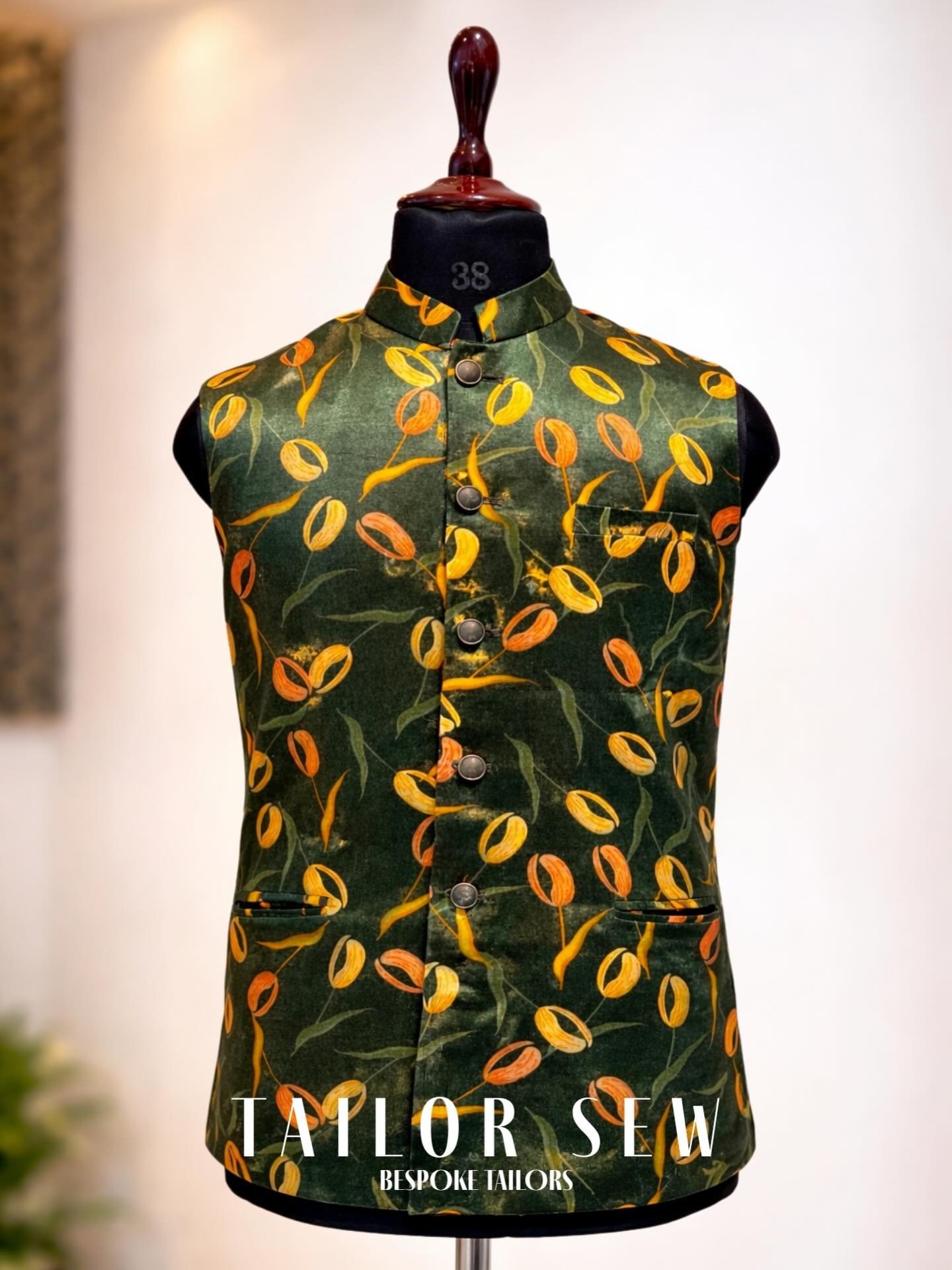 Make a statement in nature&rsquo;s palette.

Our bespoke Floral Velvet Nehru Jacket combines the rich texture of forest green velvet with a vibrant tulip motif. 

Perfect for the man who isn&rsquo;t afraid to stand out at the next celebration.

Flora