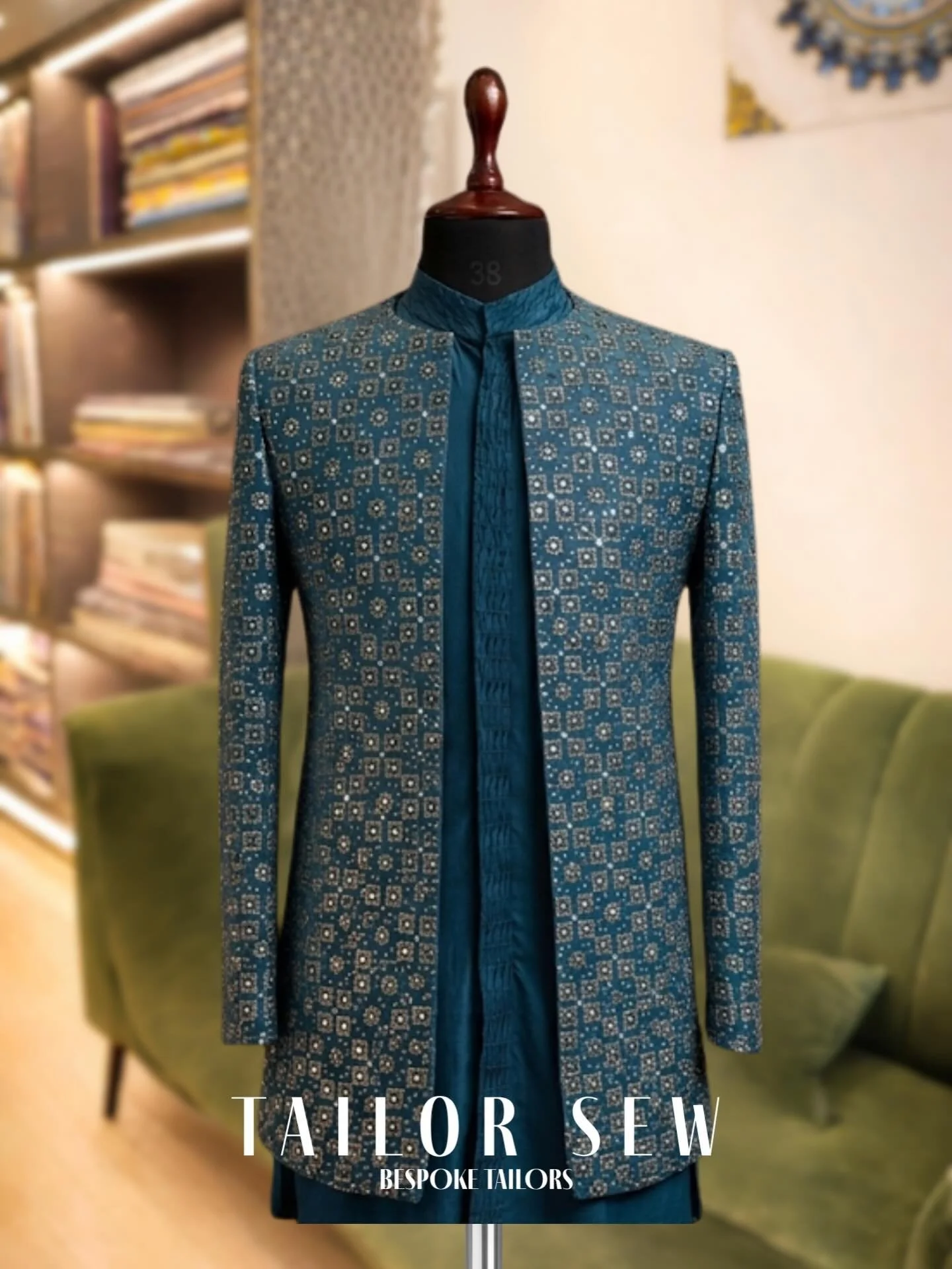 Modern silhouettes meet traditional shimmer.

Our bespoke Teal Indowestern set features intricate geometric sequin work, perfect for the man who wants to own the spotlight. Crafted for celebrations that demand style.

Indowestern, Teal Blue, Wedding 