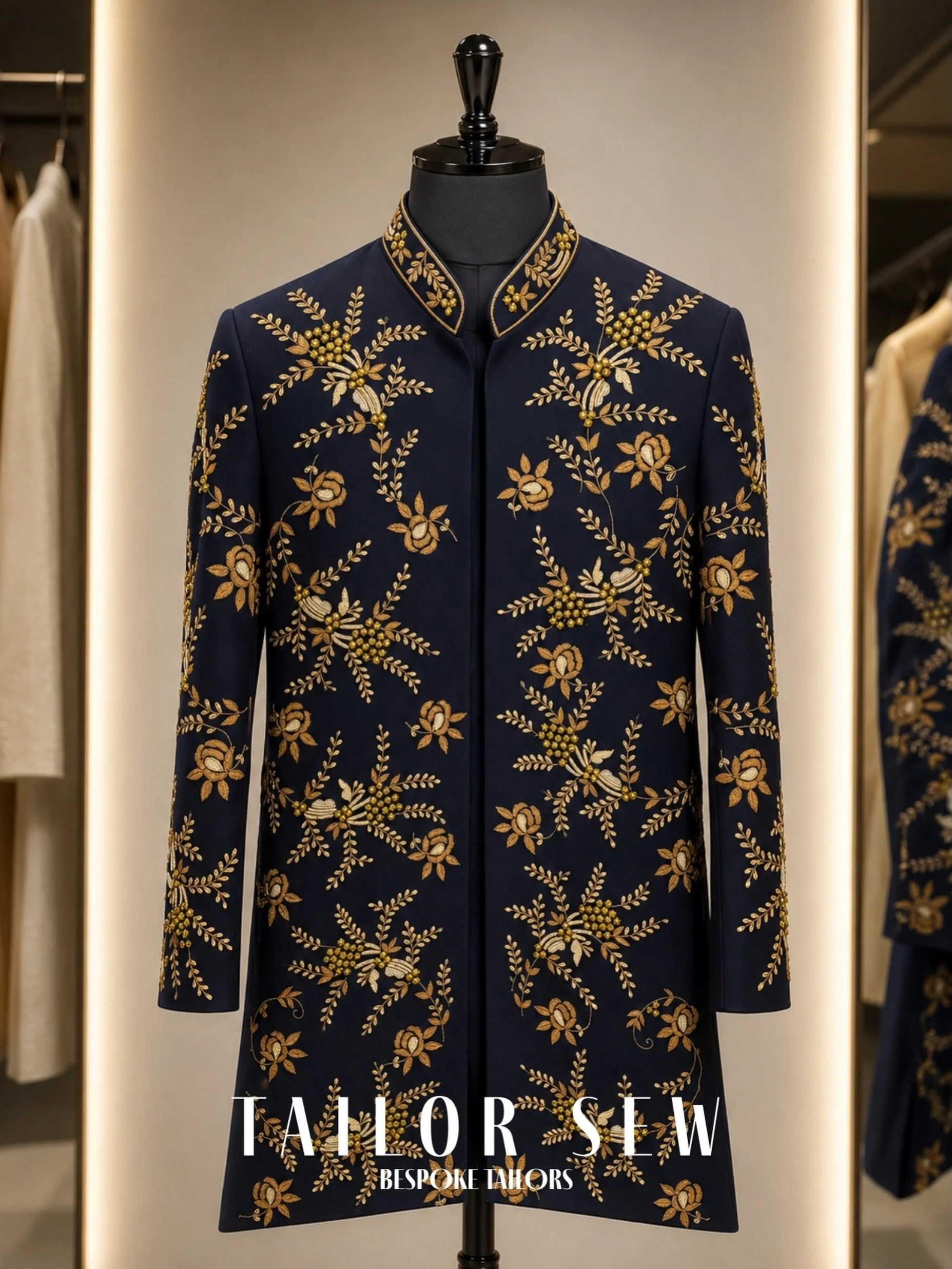 A masterclass in royal artistry. ⚜️

Our latest bespoke Indo-Western Sherwani tells a story of meticulous heritage craft, showcasing rich gold floral hand-embroidery and fine beadwork across a deep navy base. Handcrafted at our KNK Road atelier, it&r