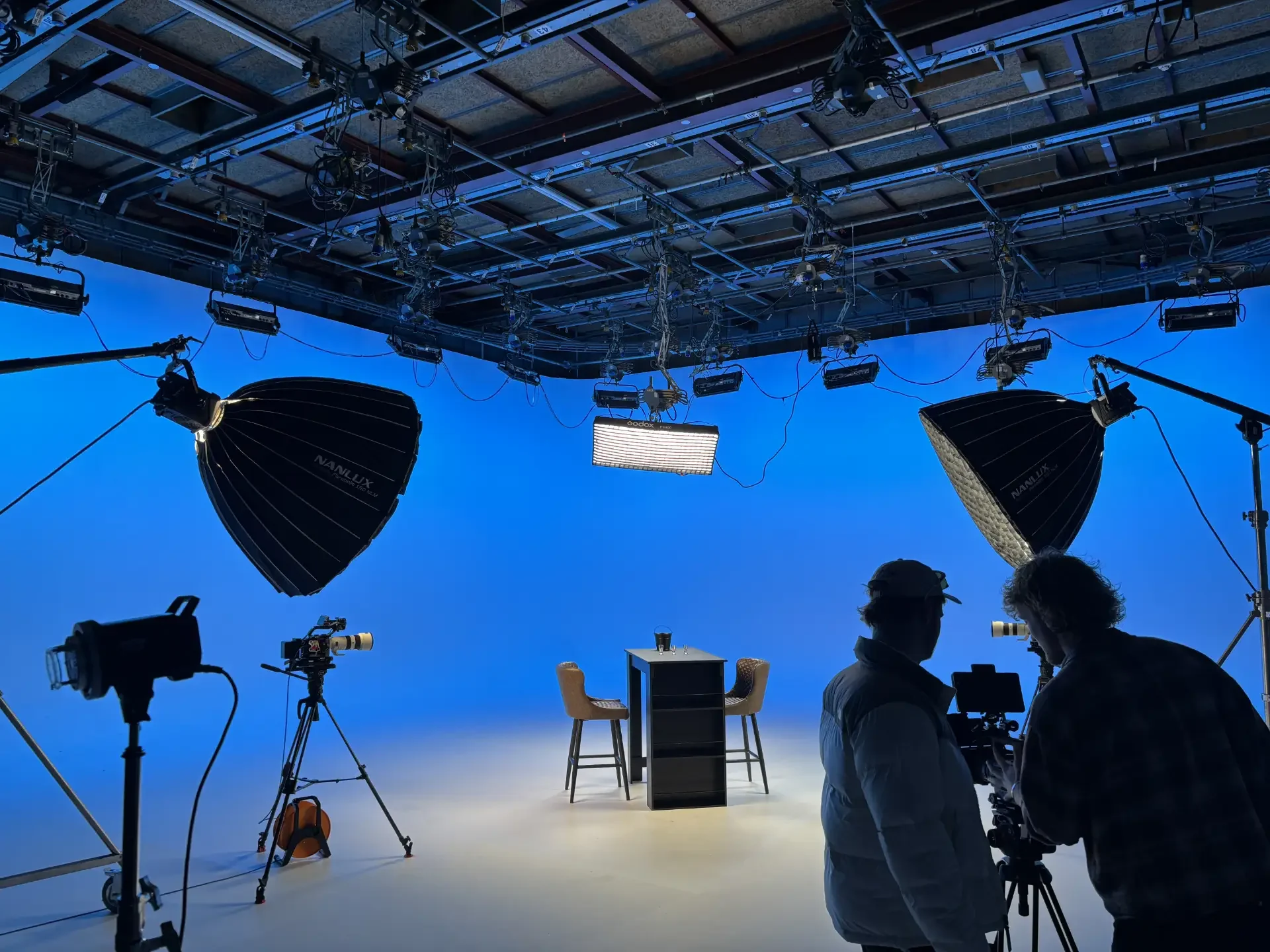 infinity cove studio with RGB lights for Ricky Gervais podcast