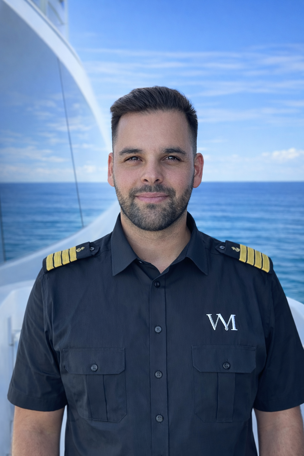 A man with dark hair and a beard, wearing a navy uniform with shoulder epaulets displaying four stripes, standing outdoors on a bridge or near water with a cityscape in the background.