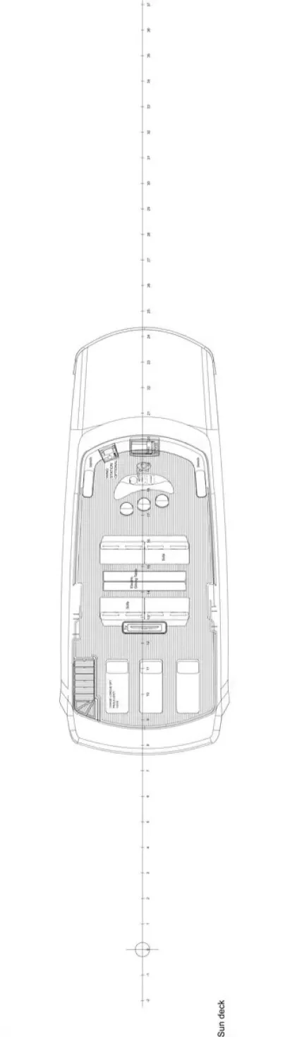 Top-down schematic of a boat with various labeled features, including sun deck and seating areas.