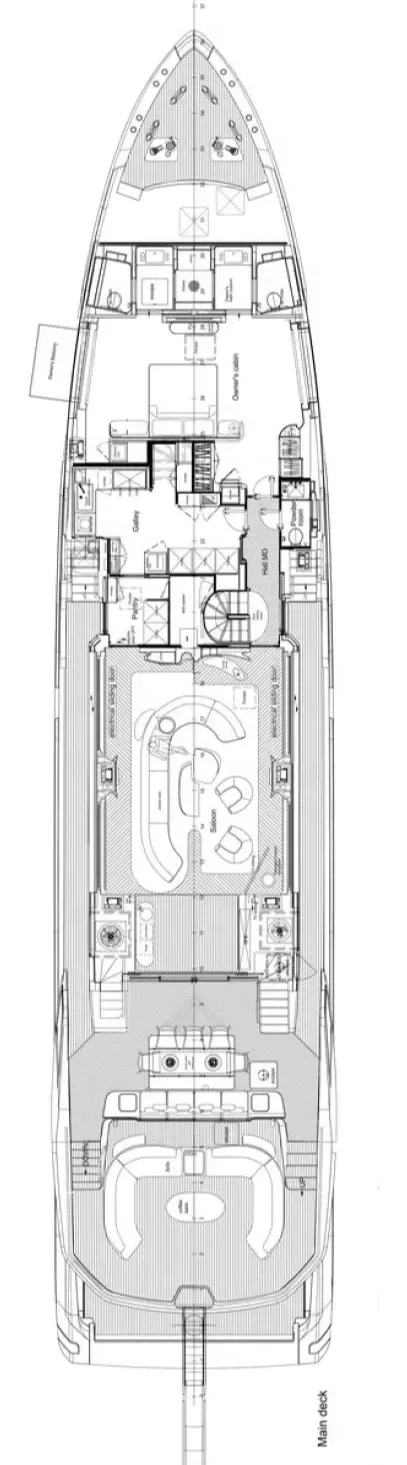 Detailed floor plan of a yacht, showing various rooms and areas including the main deck at the bottom with a lounge and dining area, a large open living space in the middle with seating and entertainment, multiple bedrooms and bathrooms along the sides, a bridge at the top for navigation, and outdoor areas with seating and docks.