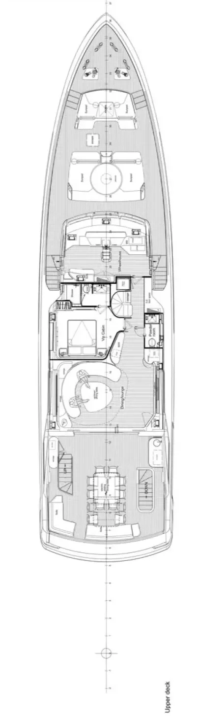 Blueprint of a yacht interior showing multiple decks, including an upper deck with a seating area, a main salon with a dining table, a kitchen, cabins, and lounge areas.