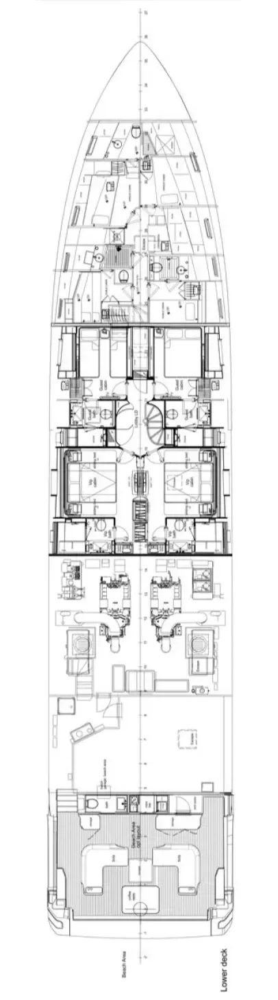 Blueprint of a yacht showing multiple levels, including the lower deck, main deck, and upper deck, with rooms, equipment, and seating areas.