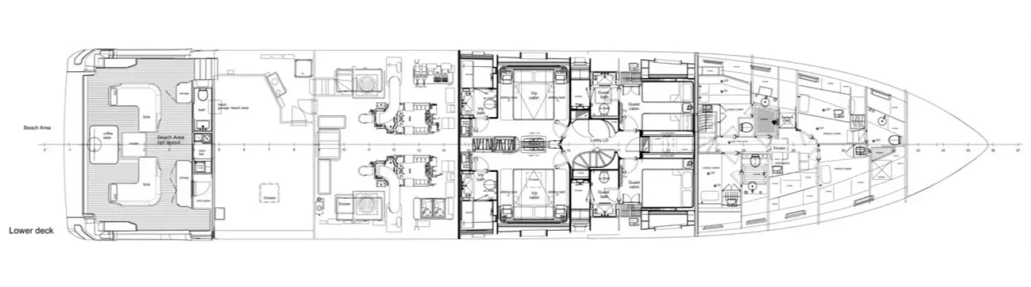 Blueprint layout of a yacht with multiple decks including a beach area, lower deck with a pool, central living and dining spaces, and upper deck with sleeping cabins and outdoor areas.