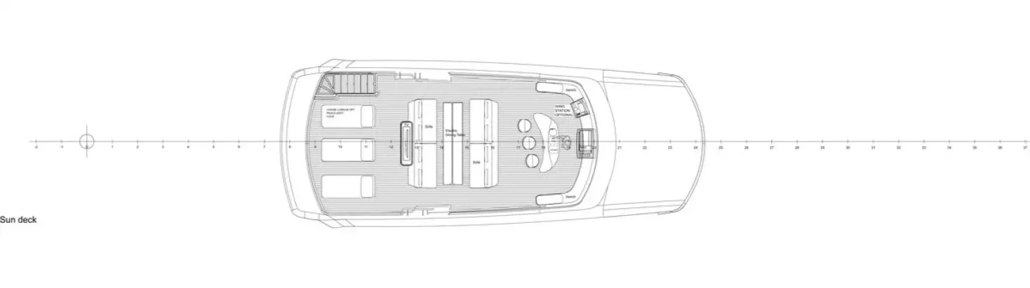 Top-down blueprint of a yacht's sun deck showing seating areas, lounge chairs, and amenities.