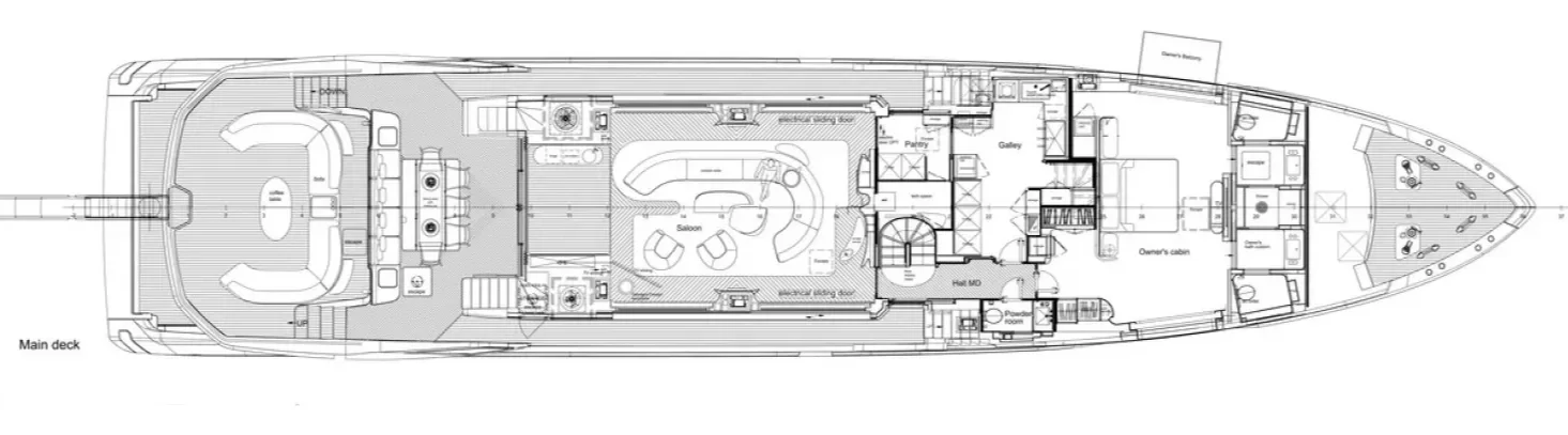 Floor plan of a yacht's main deck showing a large outdoor area at the rear, indoor lounge and living areas, a galley, owner’s cabin, and various other rooms and features.