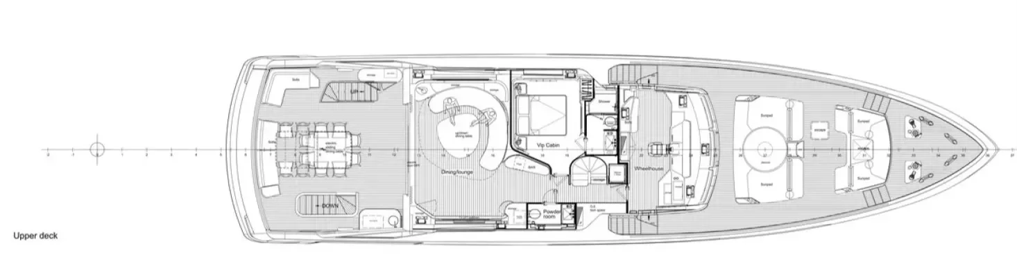 Floor plan of an upper deck yacht featuring a dining area, lounge, VIP cabin, washroom, and front seating area with sunbeds and tables.