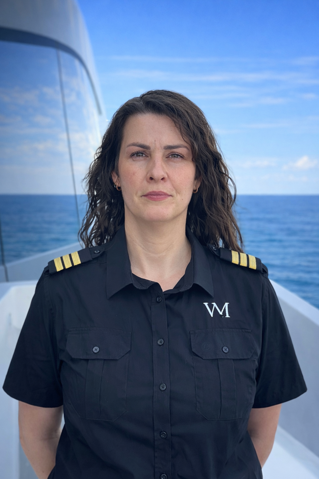 A woman in a police uniform outdoors near water and greenery.