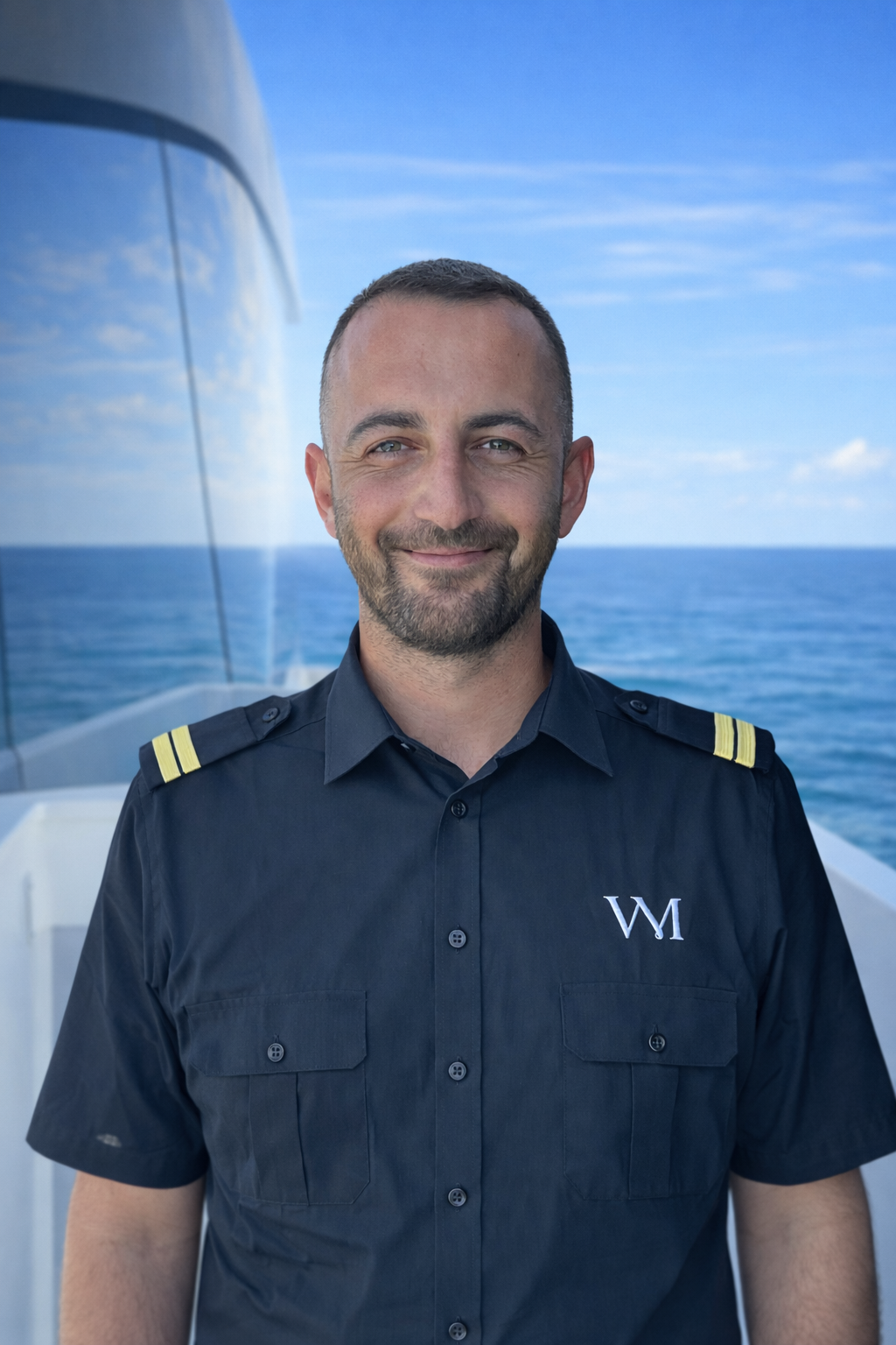 A man in a dark uniform with shoulder epaulets, smiling outdoors with a waterway and modern building in the background.