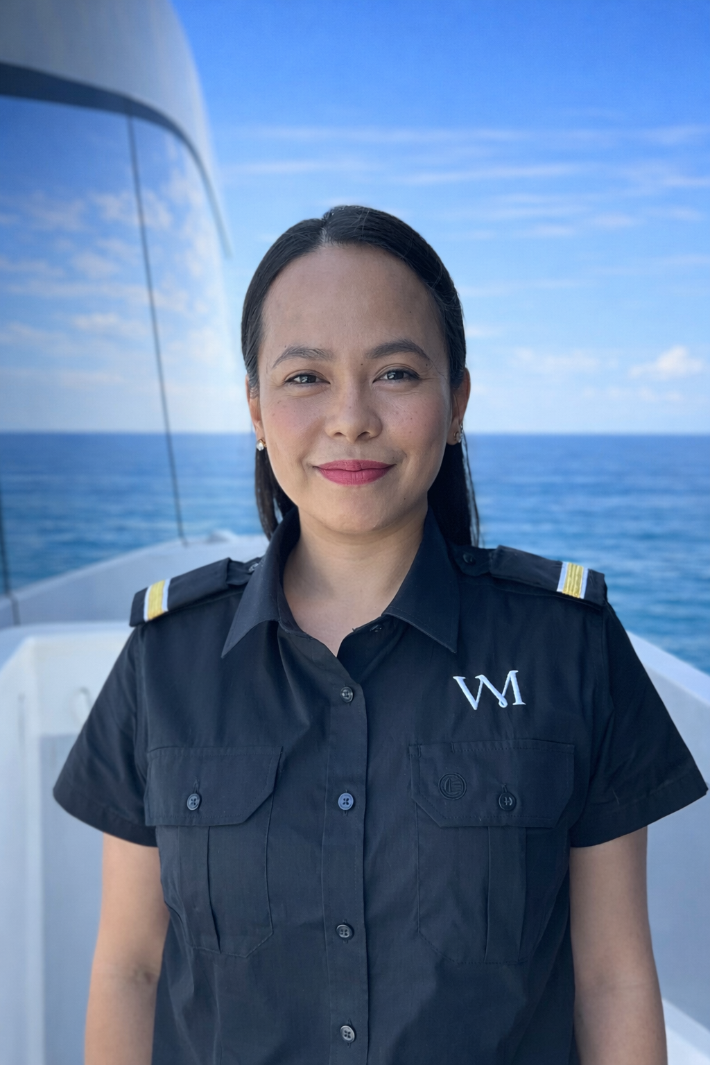 A woman in a navy uniform standing on a boat with a view of the blue ocean and sky in the background.