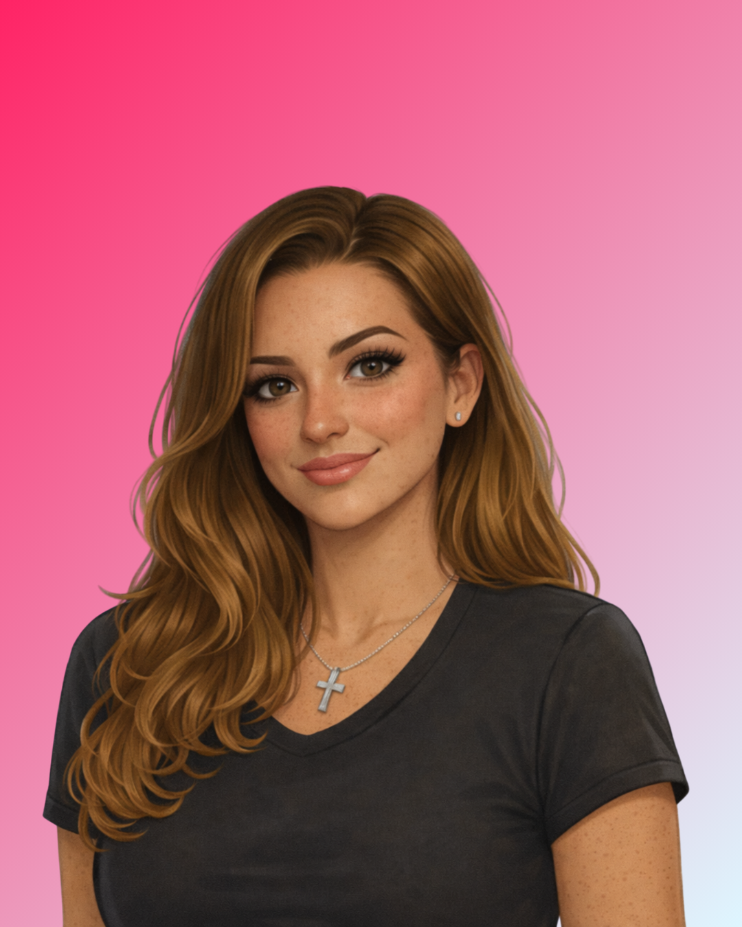 Portrait of a young woman with long, wavy red hair, wearing a black t-shirt and a silver cross necklace, standing against a pink and purple gradient background.