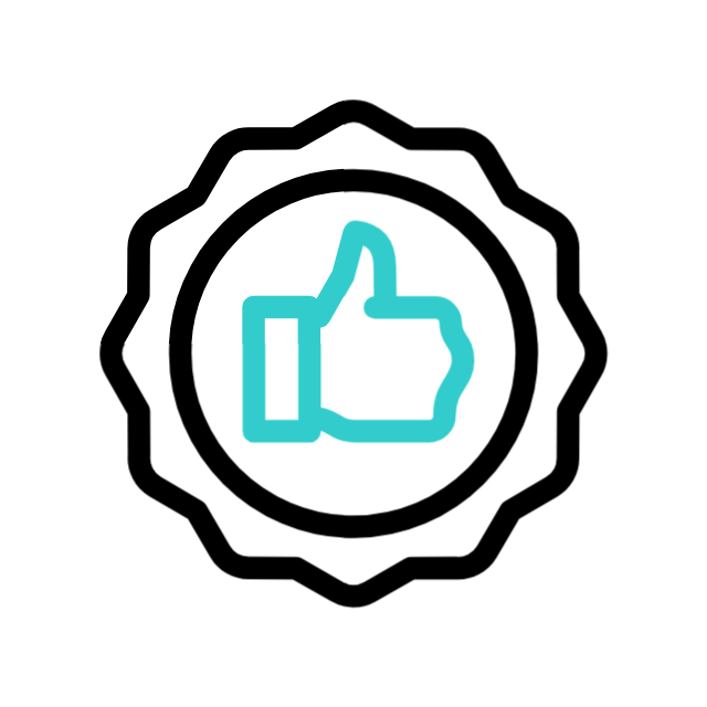 Stylized badge with a thumbs-up icon in the center, outlined in light blue, surrounded by a black wavy border.