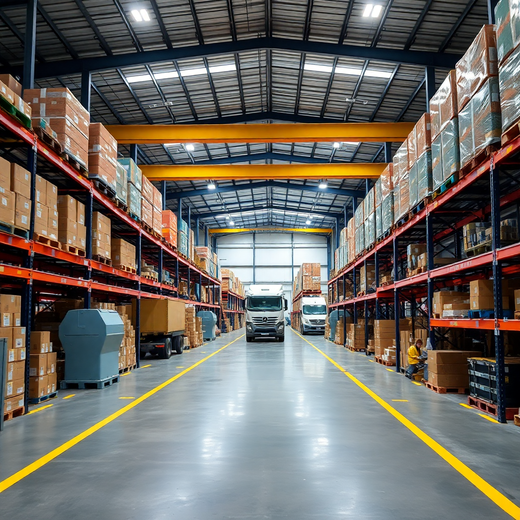Interior of a large warehouse with tall racks filled with boxes, trucks parked in the middle aisle, and a worker sitting on the floor.