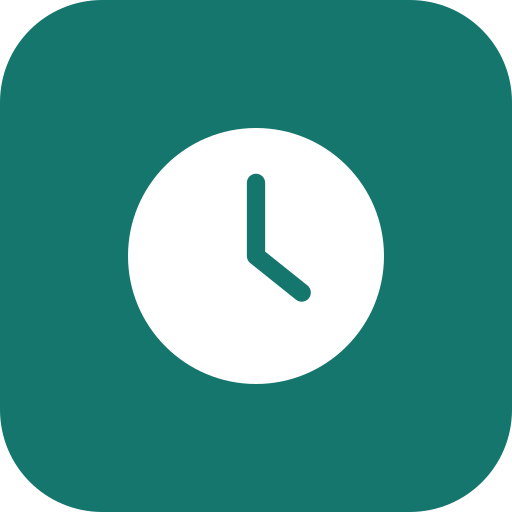 Icon of a clock showing 3 o'clock within a green square with rounded corners.