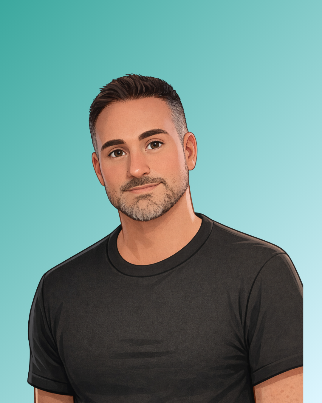 A man with short brown hair, a beard, and light skin, wearing a black t-shirt against a teal background.