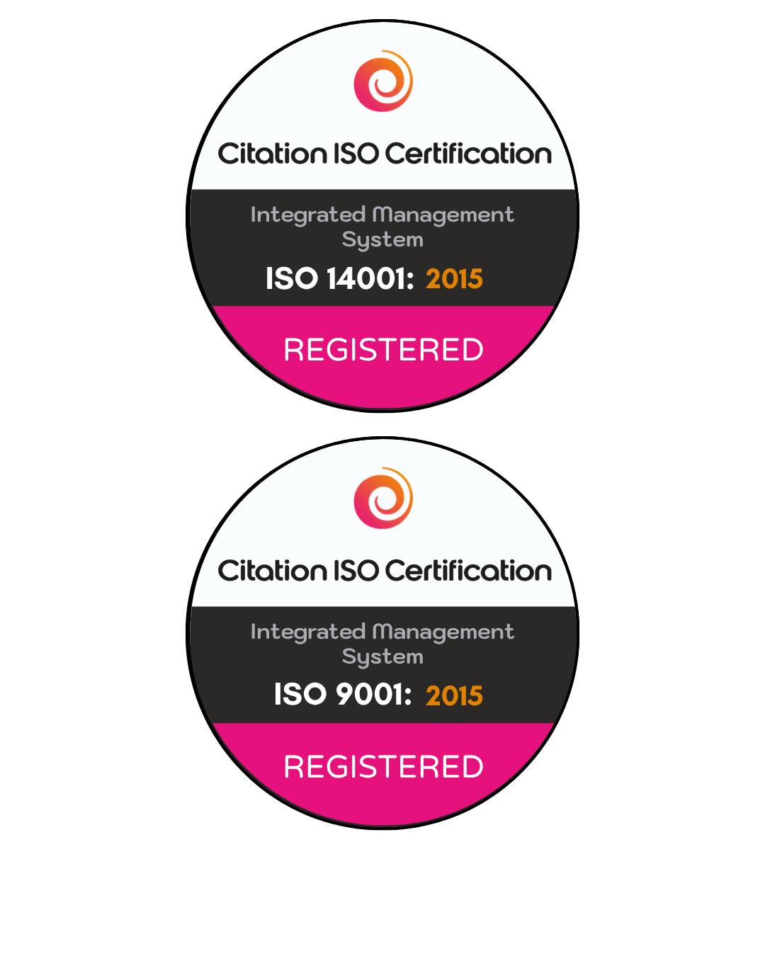 Two circular certification badges, one for ISO 14001: 2015 and the other for ISO 9001: 2015, both marked as registered, with white, black, and pink sections and a swirl logo at the top.